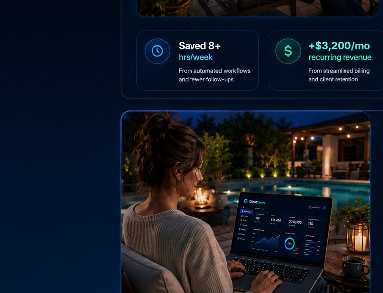 Agency owner using ClientOmni on a laptop by a backyard pool